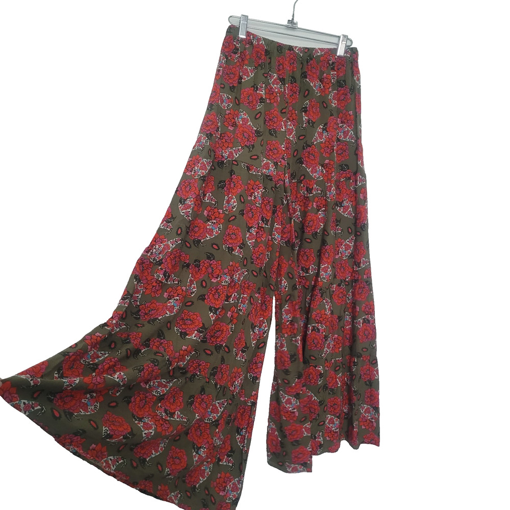NWT Natural Life Floral Wide Leg Palazzo Pants Size S Green Boho Hippie Festival